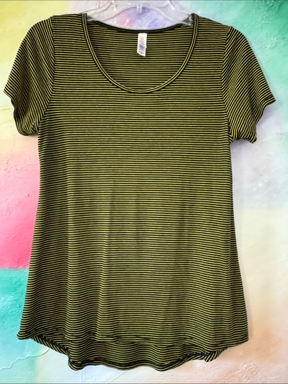 LuLaRoe Olive Green Black Striped Classic Tee Scoop Neck T-Shirt Hi-Low Size  XS